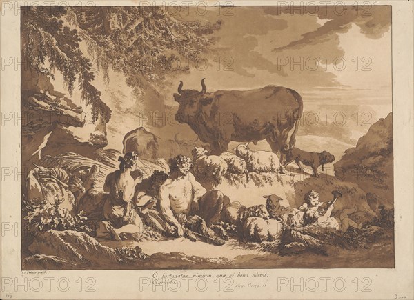 O How Extremely Happy Could Farmers Be, if only they would count their blessings, 1768, Jean Baptiste Le Prince, French, 1734-1781, France, Aquatint and etching in sepia on cream laid paper, 352 × 496 mm (image), 404 × 556 mm (sheet trimmed within plate mark)