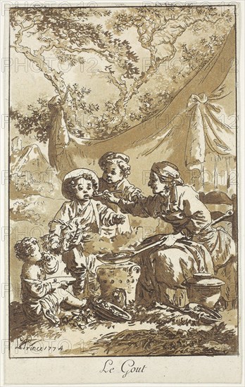 Taste, 1774, Jean Baptiste Le Prince, French, 1734-1781, France, Aquatint and etching on ivory laid paper, 154 × 95 mm
