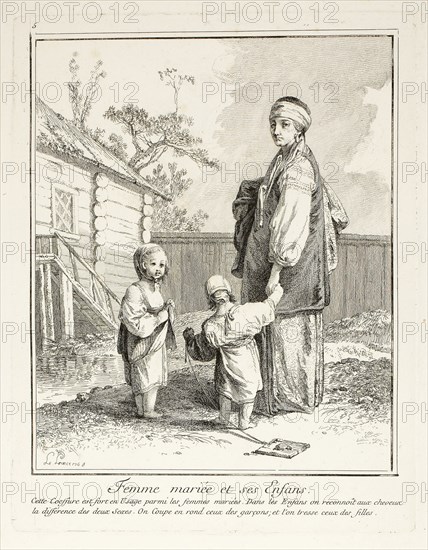 Married Woman and her Children, plate five from Divers Habillements des Peuples du Nord, 1765, Jean Baptiste Le Prince, French, 1734-1781, France, Etching on paper, 225 × 176 mm