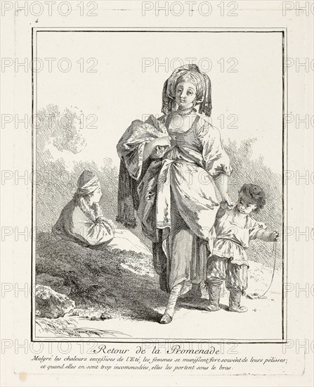 Return Walk, plate four from Suite de Divers Habillements de Peuples du Nord, 1765, Jean Baptiste Le Prince, French, 1734-1781, France, Etching on paper, 222 × 178 mm