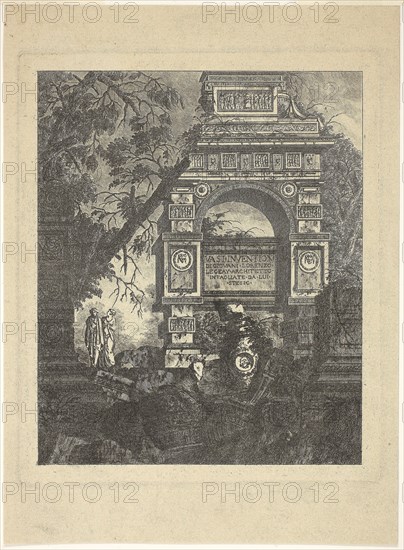 Frontispiece, plate one from Vasi Invention, 1768, published 1770, Jean-Laurent Legeay, French, 1710-1786, France, Etching with drypoint on tan laid paper, 226 × 186 mm (image), 248 × 208 mm (plate), 309 × 228 mm (sheet)