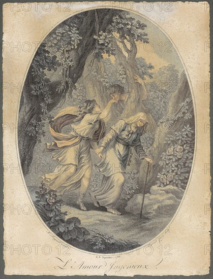 The Ingenious Love, 1788, Jacques Guillaume Legrand (French, 1743-1808), after Jean Honoré Fragonard (French, 1732-1806), France, Engraving with roulette on cream laid paper (discolored to tan), 288 × 208 mm (image), 315 × 240 mm (sheet)