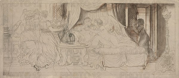 Cupid and Psyche, 1793, Pierre Lelu, French, 1741-1810, France, Etching, with pen and brown ink and gray wash, on cream laid paper, 189 × 405 mm (plate), 189 × 464 mm (sheet)