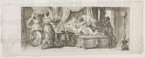 Cupid and Psyche, 1793, Pierre Lelu, French, 1741-1810, France, Etching, with black chalk, graphite, and estompe on ivory laid paper, 185 × 407 mm (plate), 189 × 503 mm (sheet)