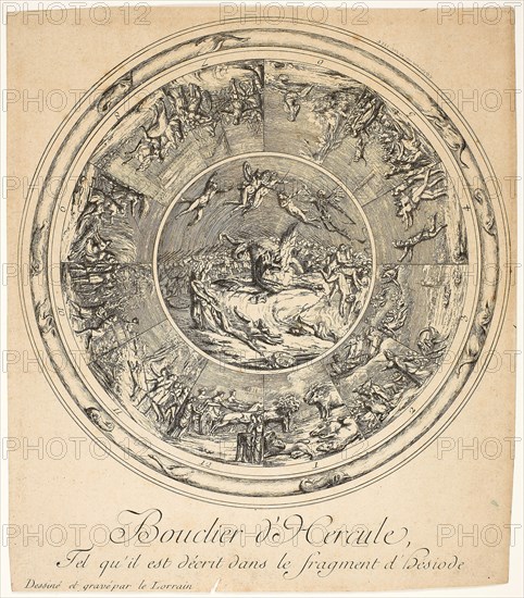 Shield of Hercules, 1756, Louis Joseph le Lorrain, French, 1715-1759, France, Etching and engraving on cream laid paper, Diam. 256 mm, 305 × 266 mm (plate)