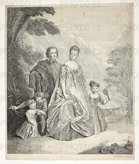 The Family Promenade, also called Philippe Mercier, His First Wife, and Family, c. 1725, Philippe Mercier, French, 1689-1760, France, Etching in black on cream wove paper, 372 × 310 mm