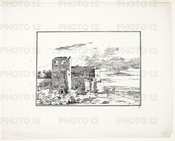 Ruined Buildings near a River Bank, plate 9 from Quatrieme suite de paysages dessinés et grave a l’eau-forte par Moreau (Fourth Series of Landscapes Drawn and Etched by Moreau), c. 1779, Louis Gabriel Moreau, French, 1740-1806, France, Etching in black on ivory wove paper, 121 × 165 mm (plate), 207 × 257 mm (sheet)