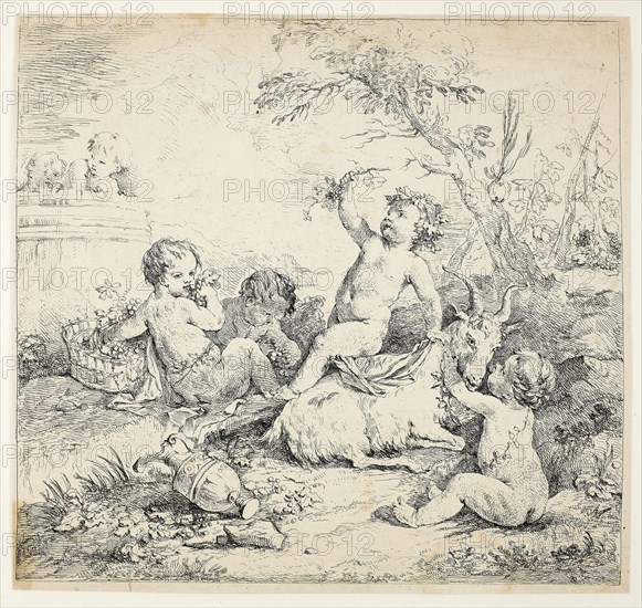 Cherubs with a Goat, 1735, Charles-Joseph Natoire, French, 1700-1777, France, Etching on buff laid paper, 242 × 258 mm