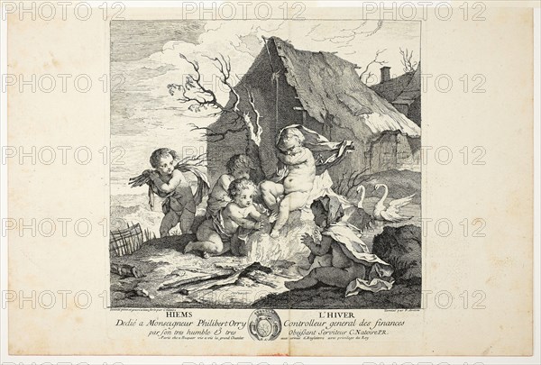 Winter, plate four from Le Quatre Saisons, 1735, Charles-Joseph Natoire, French, 1700-1777, France, Etching on buff laid paper, 268 × 268 mm (plate), 284 × 428 mm (sheet)
