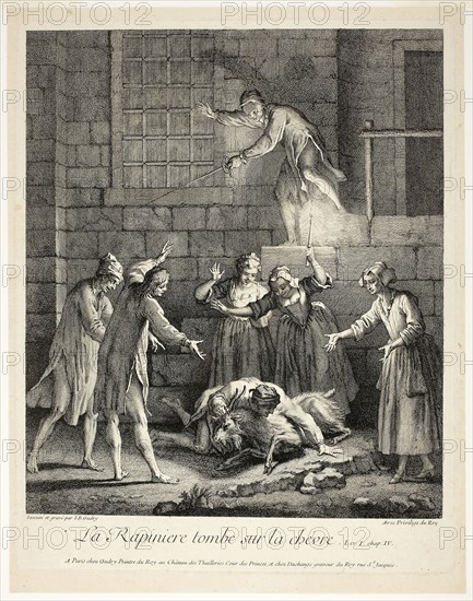 Comic Stories: The Plunderer Falls on the Goat, 1726, Jean-Baptiste Oudry, French, 1686-1755, France, Etching on cream laid paper, 368 × 292 mm (plate), 391 × 306 mm (sheet)