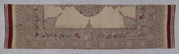 Painted cotton with medallion and figures, 15th century, India, Deccan, India, cotton, plain weave, painted mordant, resist-dyed, painted, 355 x 94.6 cm (139 3/4 x 37 1/4 in.)