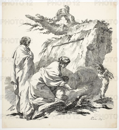 The Virgin Warms Jesus’ Hands in the Fire, 1759, Jean Baptiste Marie Pierre, French, 1713-1789, France, Etching on cream laid paper, 390 × 358 mm (plate), 395 × 362 mm (sheet)