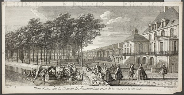 View of a Wing of the Palace of Fontaineblue, Comprising the Fountain Court, n.d., Jacques Rigaud, French, 1681-1754, France, Etching on ivory laid paper, 226 × 459 mm (plate), 238 × 465 mm (sheet)