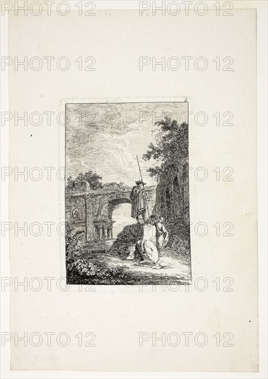 The Triumphal Arch, plate eight from Les Soirées de Rome, 1763/64, Hubert Robert, French, 1733-1808, France, Etching on ivory laid paper, 138 × 95 mm (plate), 250 × 175 mm (sheet)