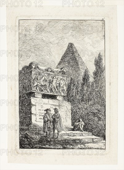 Landscape with Pyramid and Sarcophagus, plate six from Les Soirées de Rome, 1763/64, Hubert Robert, French, 1733-1808, France, Etching on ivory laid paper, 137 × 93 mm (plate), 159 × 111 mm (sheet)