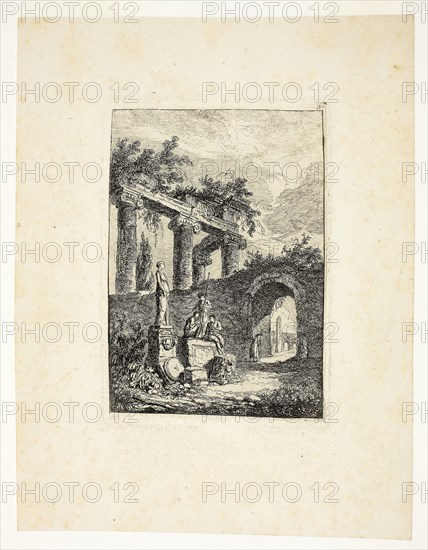 The Statue before the Ruins, plate three from Les Soirées de Rome, 1763/64, Hubert Robert, French, 1733-1808, France, Etching on cream laid paper, 136 × 95 mm (plate), 216 × 167 mm (sheet)