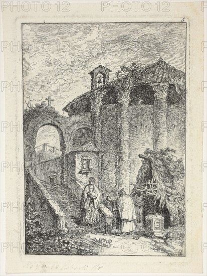 Ancient Temple, plate five from Les Soirées de Rome, 1764, Hubert Robert, French, 1733-1808, France, Etching on ivory laid paper, 131 × 92 mm (image), 138 × 97 mm (plate), 152 × 113 mm (sheet)