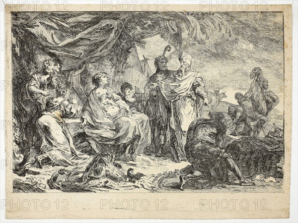 Laban Searching for his Household Gods, 1753, Gabriel Jacques de Saint-Aubin, French, 1724–1780, France, Etching on paper, 152 × 227 mm (image), 180 × 240 mm (sheet)