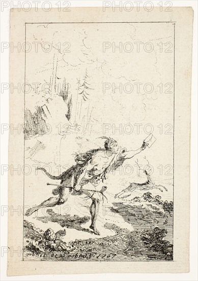 Messenger Sent to M. Saint-Denis, by M. Belle-Isle, Prisoner, plate three from Les Nouveaux Voyages aux Indes Occidentales, 1767, Gabriel Jacques de Saint-Aubin, French, 1724-1780, France, Etching on cream laid paper, 137 × 93 mm