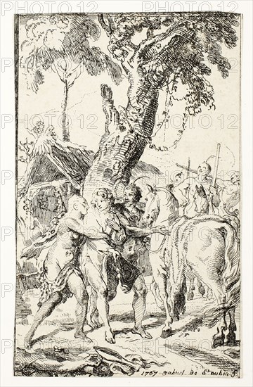 The Escape of M. de Belle-Isle, Prisoner in the Attakapas, plate four from Les Nouveaux Voyages aux Indes Occidentales, 1767, Gabriel Jacques de Saint-Aubin, French, 1724-1780, France, Etching on cream laid paper, 121 × 75 mm