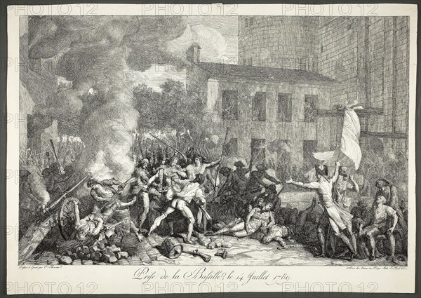 Capturing the Bastille, July 14, 1789, c. 1793, Charles Thevenin, French, 1764-1838, France, Etching on cream laid paper, 373 × 581 mm (image), 432 × 610 mm (sheet)