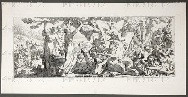 Harvest of Grapes, plate two of four from Le Travaux de la Vendange, 1750, Joseph–Marie Vien, the Elder, French, 1716-1809, France, Etching on paper, 160 × 425 mm (image), 170 × 433 (plate)