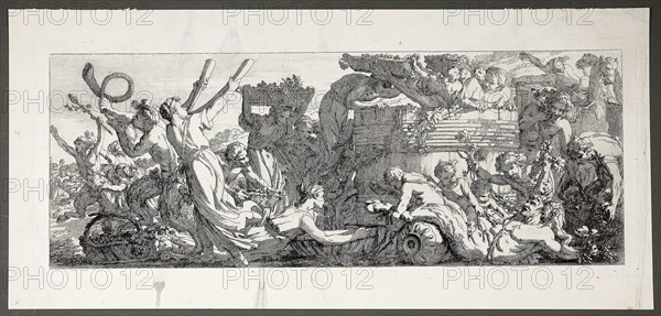Arrival at the Grape Press, plate four of four from Le Travaux de la Vendange, 1750, Joseph–Marie Vien, the Elder, French, 1716-1809, France, Etching on paper, 160 × 425 mm (image), 170 × 433 (plate)