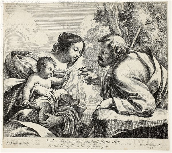 Holy Family With a Bird, 1633, Simon Vouet, French, 1590-1649, France, Etching with engraving on ivory laid paper, 216 × 261 mm (image), 236 × 262 mm (sheet, trimmed within plate mark)