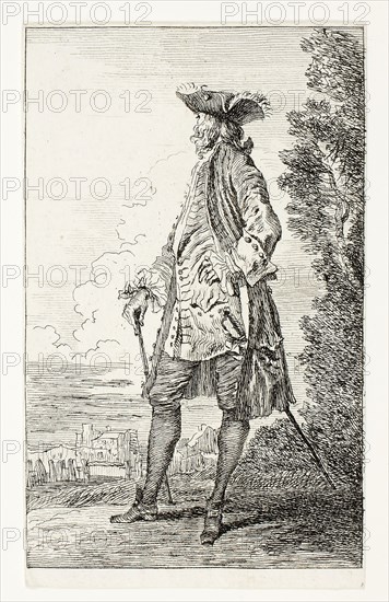 Gentleman, Side View with Hat, n.d., Jean Antoine Watteau, French, 1684-1721, France, Etching on ivory laid paper, 117 × 71 mm (sheet)