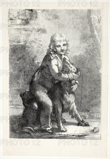 Child with Dog, 1822, Pierre-Paul Prud’hon, French, 1758-1823, France, Lithograph in black, with scraping on stone, on grayish ivory laid chine, laid down on ivory wove paper (chine collé), 255 × 186 mm (image), 302 × 209 mm (primary support), 553 × 371 mm (secondary support)