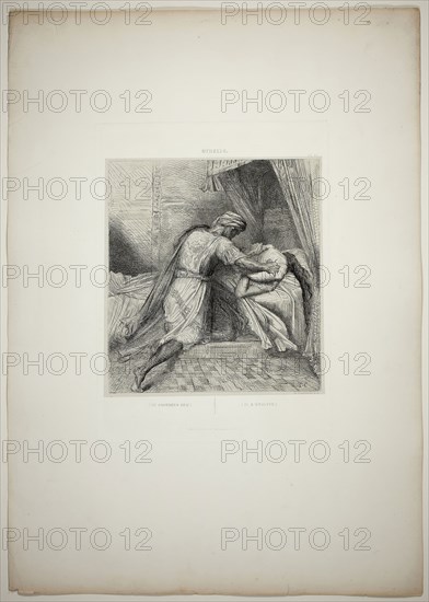 He Smothers Her, plate thirteen from Othello, 1844, Théodore Chassériau, French, 1819-1856, France, Etching, engraving, roulette, and drypoint on paper, 250 × 227 mm (image), 347 × 248 mm (plate), 638 × 445 mm (appro×. sheet)