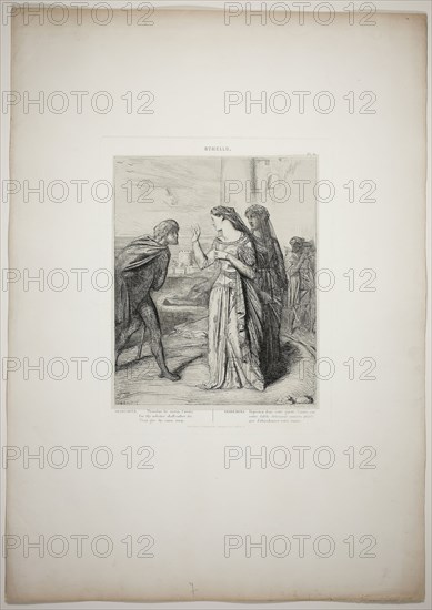 Therefore be merry, Cassio, plate six from Othello, 1844, Théodore Chassériau, French, 1819-1856, France, Etching, engraving, roulette, and drypoint on paper, 268 × 215 mm (image), 318 × 245 mm (plate), 638 × 445 mm (appro×. sheet)