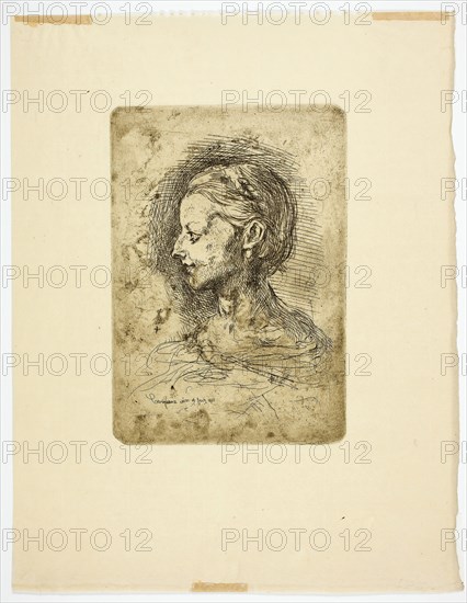 Female Head, 1860, Jean Baptiste Carpeaux, French, 1827-1875, France, Etching on Japanese paper, 167 × 115 mm (image/plate), 283 × 115 mm (sheet)