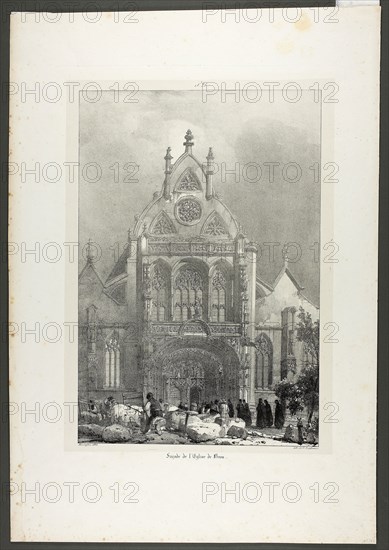 Facade of the Church of Brou, 1825, Richard Parkes Bonington, English, 1802-1828, England, Lithograph on ivory chine, laid down on off-white wove paper, 357 × 257 mm (chine), 509 × 352 mm (sheet)
