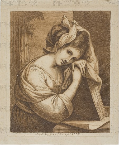 Woman Resting Her Head on a Book, 1770, Angelica Kauffmann, Swiss, 1741-1807, Switzerland, Etching and aquatint in brown on buff laid paper, 192 x 158 mm (plate), 216 x 176 mm (sheet)