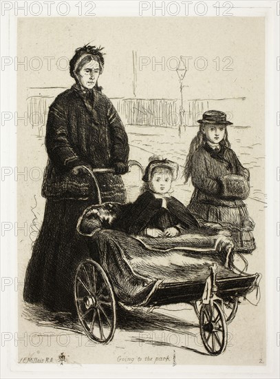 Going to the Park, 1872, Sir John Everett Millais, English, 1829-1896, England, Etching on cream chine, laid down on ivory wove paper (chine collé), 185 × 131 mm (plate), 359 × 251 mm (sheet)