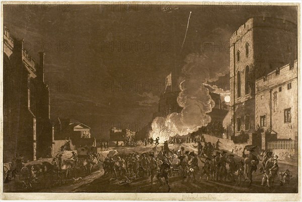 Windsor Castle from the Lower Court on the Fifth of November—Fireworks, 1776, Paul Sandby, English, 1731-1809, England, Aquatint, with etching, in brown on ivory laid paper, 296 × 464 mm (image), 314 × 474 mm (sheet)