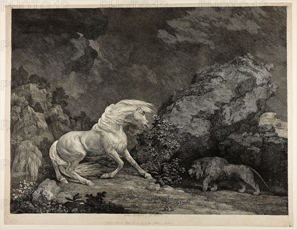 A Horse Affrighted by a Lion, September 25, 1777, George Stubbs, English, 1724-1806, England, Etching and engraving on cream laid paper, 341 × 459 mm (image), 365 × 477 mm (sheet)
