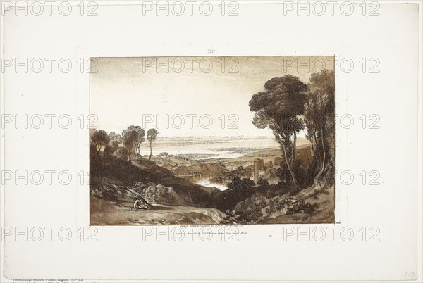 Junction of the Severn and Wye, from Liber Studiorum, no. 28, June 1811, Joseph Mallord William Turner, English, 1775-1851, England, Etching, mezzotint and aquatint in brown on ivory wove paper, 208 × 288 mm (plate), 293 × 443 mm (sheet)