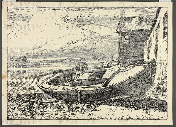 A Boy Sitting on a Banked Vessel, November 8, 1809, Cornelius Varley (English, 1781-1873), published by John Varley (English, 1778-1842) and Cornelius Varley, England, Pen lithograph on cream wove paper, 232 × 320 mm