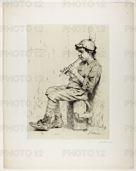 Boy Playing a Flute, c. 1860, John George Brown, American, born England, 1831–1913, United States, Etching on ivory chine paper, laid down on cream wove cardboard, 333 x 240 mm