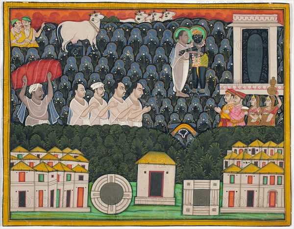 Pratham Milan, Shrinathji revealing himself to Vallabhacharya on Mount Govardhan, Early 19th century, India, Rajasthan, Nathdwara, India, Opaque watercolor with ink and gold on paper, 23 x 29.5 cm