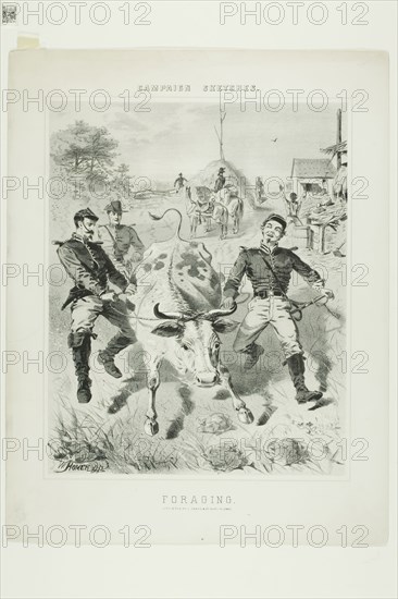 Campaign Sketches: Foraging, 1863, Winslow Homer, American, 1836–1910, United States, Tint lithograph on heavy ivory wove paper, 357 x 280 mm