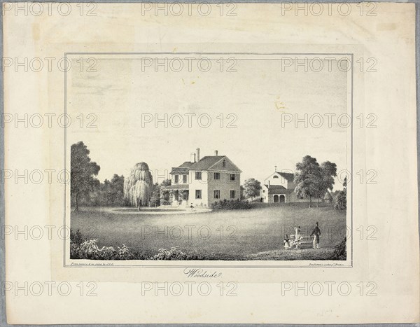 Woodside, 1825/26, J.F.C., American, 19th century, United States, Lithograph on gray chine paper, laid down on cream wove paper, 188 x 251 mm (chine), 327 x 254 mm (sheet)
