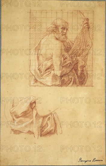 Study for Saint Bartholomew and Drapery, c. 1740, Pompeo Girolamo Batoni, Italian, 1708-1787, Italy, Red chalk, heightened with white chalk, on beige laid paper, squared for transfer with red chalk, edge mounted to blue wove card, 284 x 181 mm