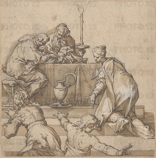 The Circumcision, 1601, Abraham Bloemaert, Dutch, 1566-1651, Netherlands, Pen and brown ink and brush and brown wash, heightened with white opaque watercolor, over black chalk, on buff laid paper, laid down on buff laid card, 277 x 276 mm (primary support), 282 x 282 mm (secondary support)