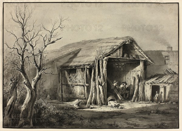 A Peasant Seated in a Shed, 1800/09, Jean Jacques de Boissieu, French, 1736-1810, France, Pen and black ink with brush and gray wash, on ivory laid paper, pieced at bottom and laid down on tan wove paper, laid down on cream laid paper, 270 × 376 mm