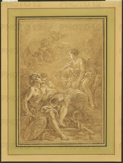 Venus Commanding Vulcan to Make Arms for Aeneas, 1767, François Boucher, French, 1703-1770, France, Various brown chalks, with touches of brush and brown chalk wash, heightened with white chalk, on cream laid paper, prepared with a light brown wash ground, laid down on heavy buff laid paper, 304 × 205 mm (primary support), 330 × 230 mm (secondary support)