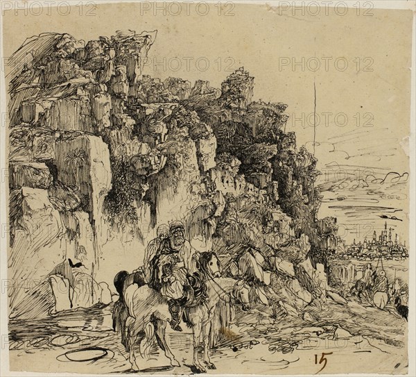 Mountainous Landscape with Horsemen, n.d., Rodolphe Bresdin, French, 1825–1885, France, Pen and black ink on tan tracing paper, laid down on ivory wove paper, 146 × 161 mm (primary support), 224 × 242 mm (secondary support)