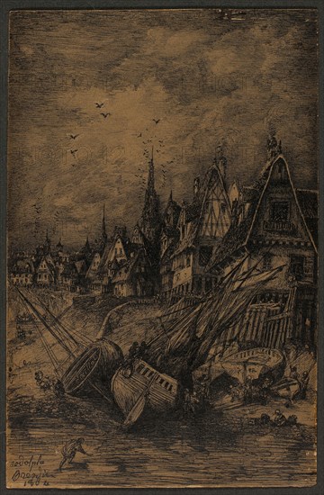 Washed Up Ships, 1864, Rodolphe Bresdin, French, 1825-1885, France, Pen and black ink on brown wove card, 171 × 111 mm (primary support), 319 × 238 mm (secondary support)
